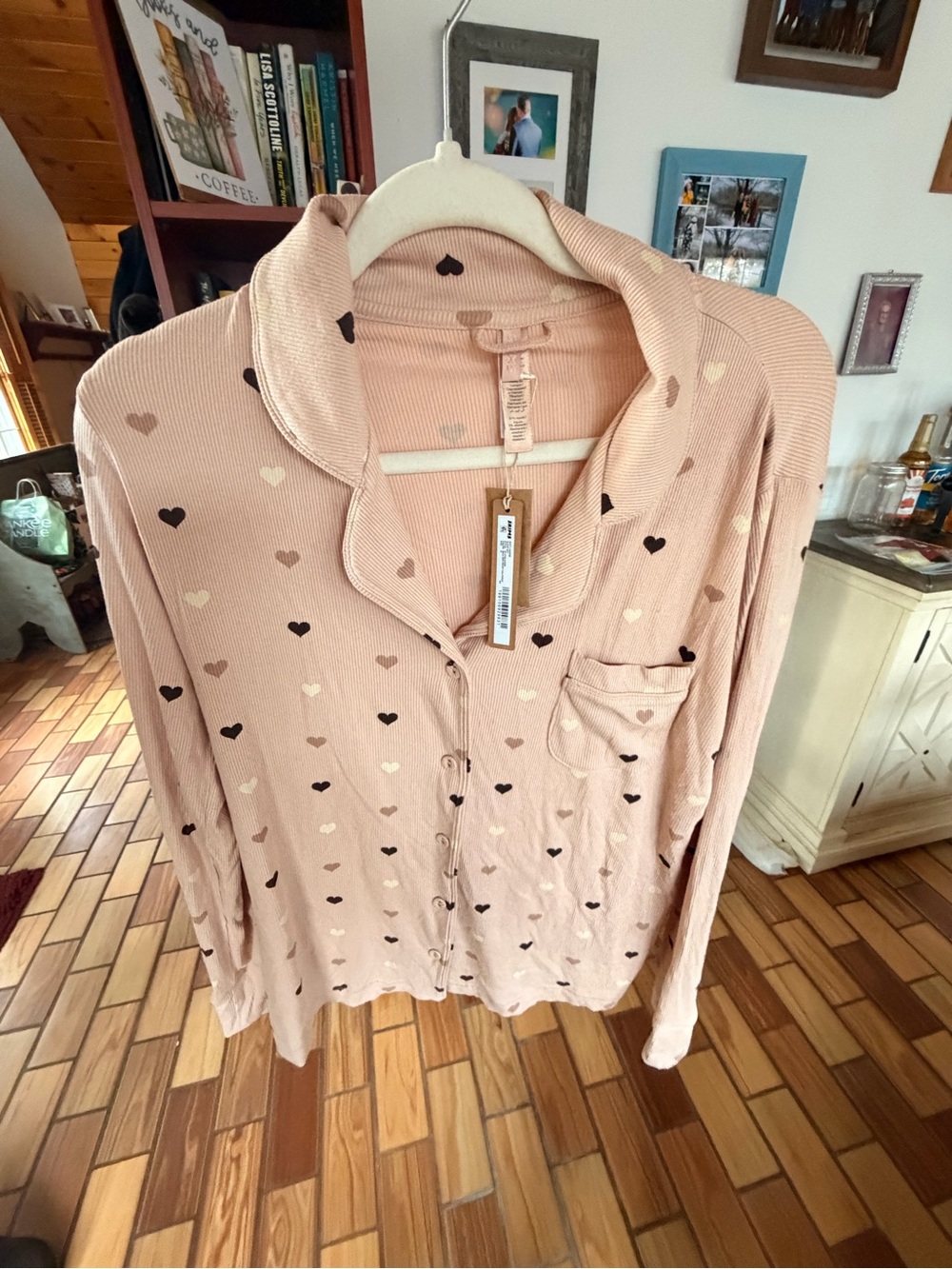 SKIMS Blush Heart-Print Ribbed Button-Front Pajama Top